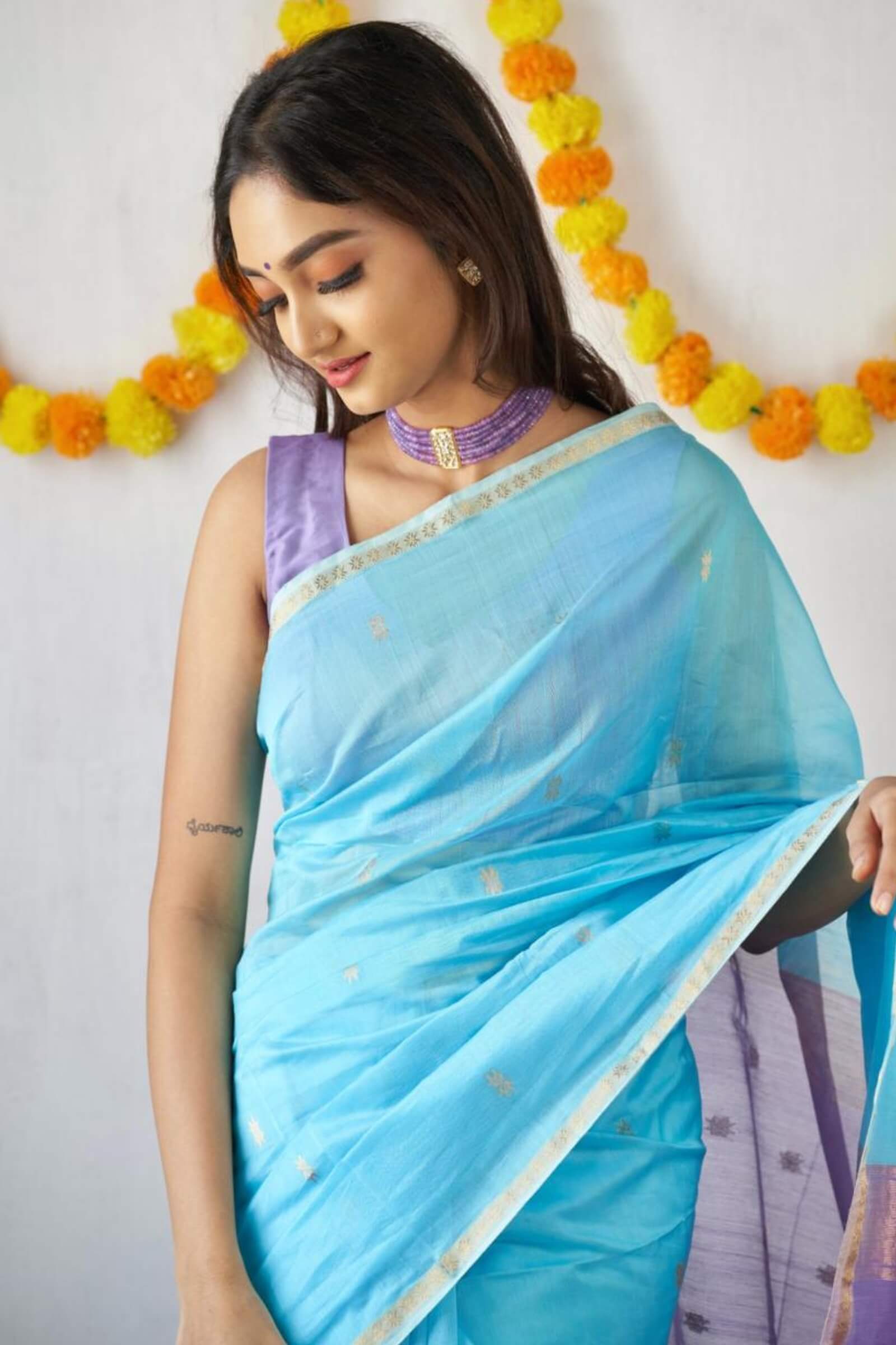 Prodigal Sky Cotton Silk Saree With Quixotic Blouse Piece