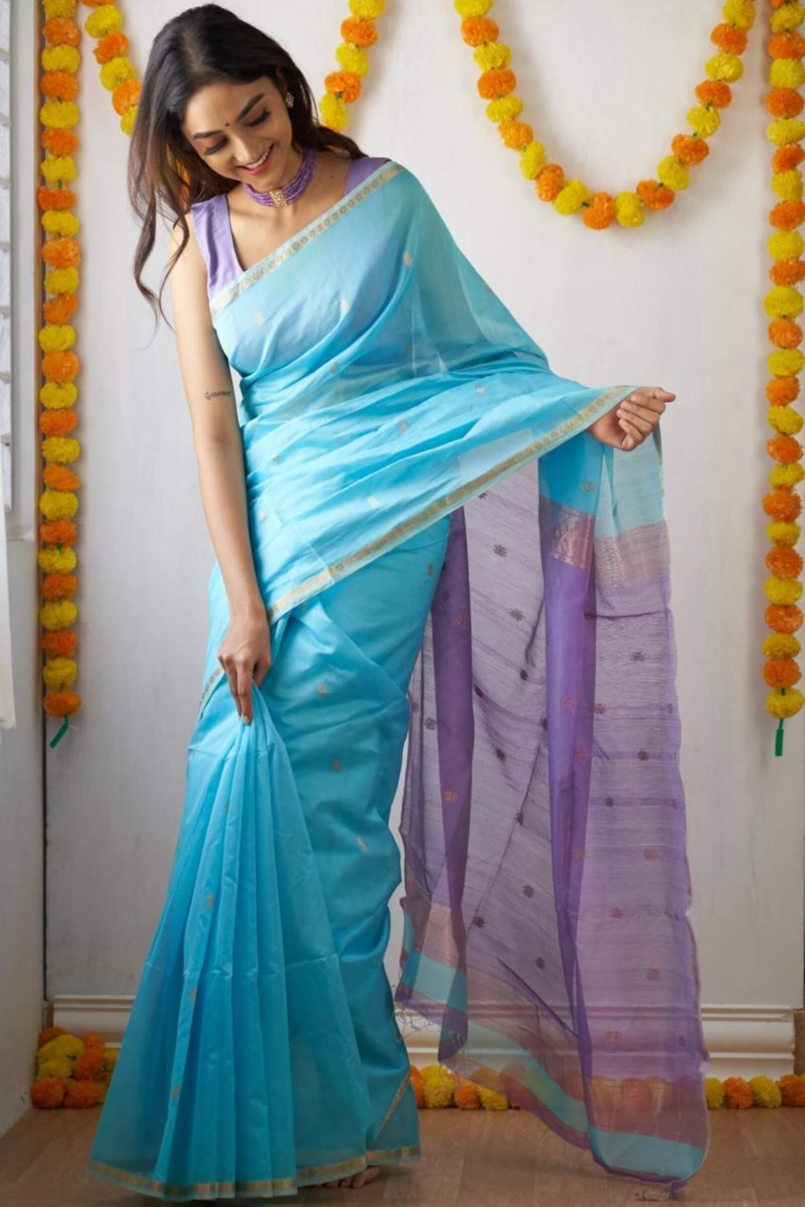 Prodigal Sky Cotton Silk Saree With Quixotic Blouse Piece