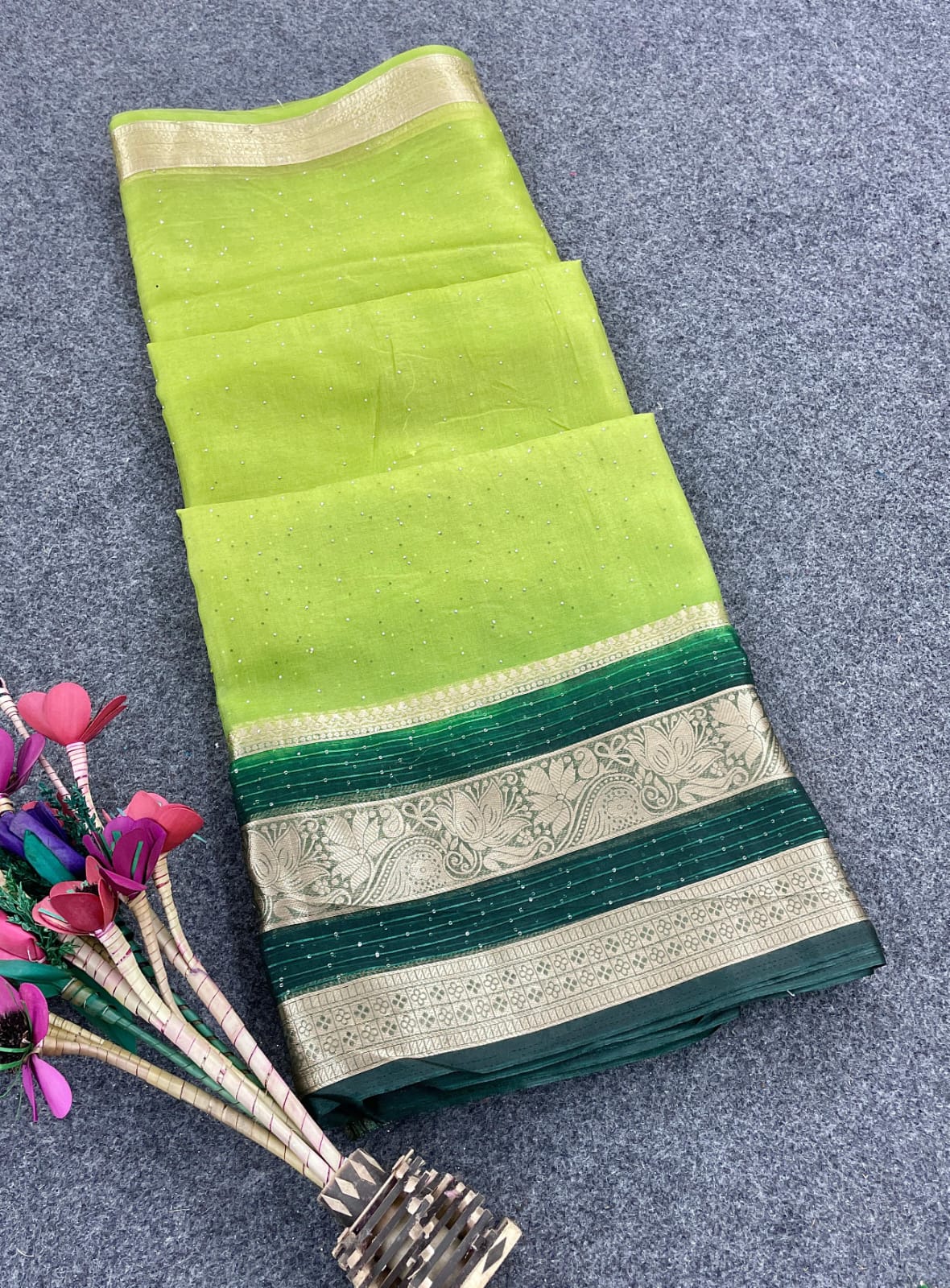 Assemblage Parrot Orgeanza Silk Saree With Cynosure Blouse Piece