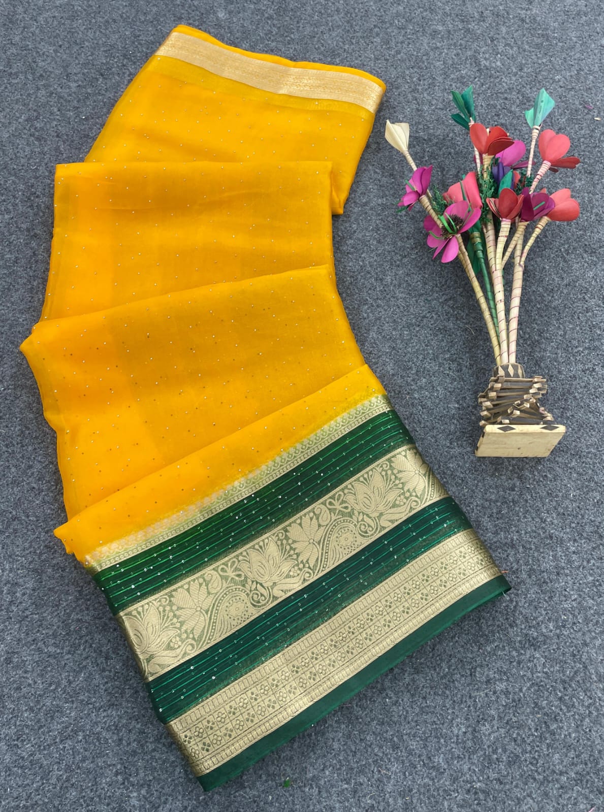 Snappy Yellow Orgeanza Silk Saree With Resplendent Blouse Piece