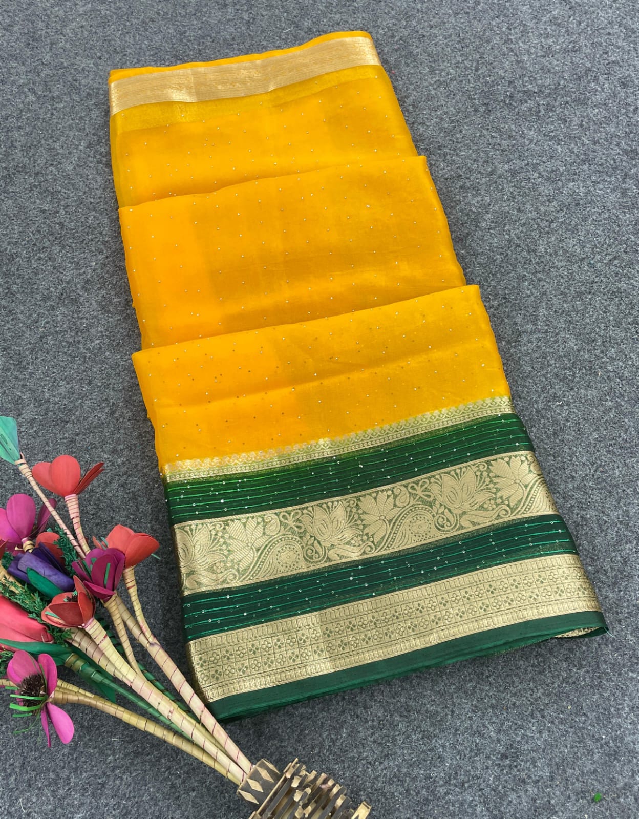 Snappy Yellow Orgeanza Silk Saree With Resplendent Blouse Piece