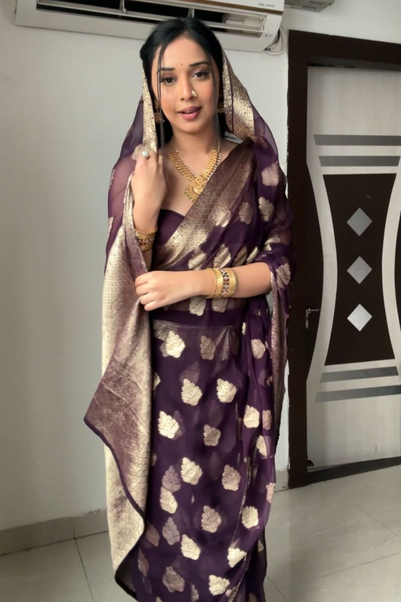 Cynosure 1-Minute Ready To Wear Dark Purple Soft Silk Saree