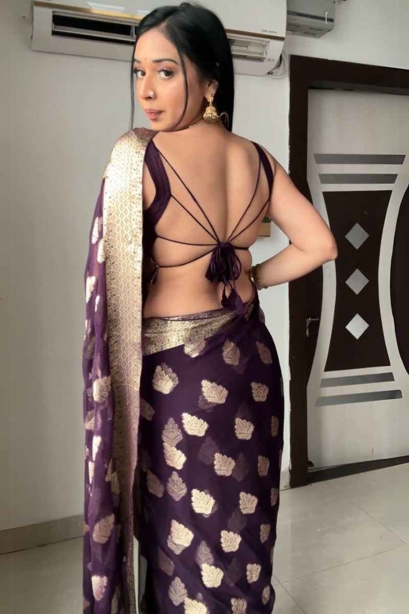 Cynosure 1-Minute Ready To Wear Dark Purple Soft Silk Saree