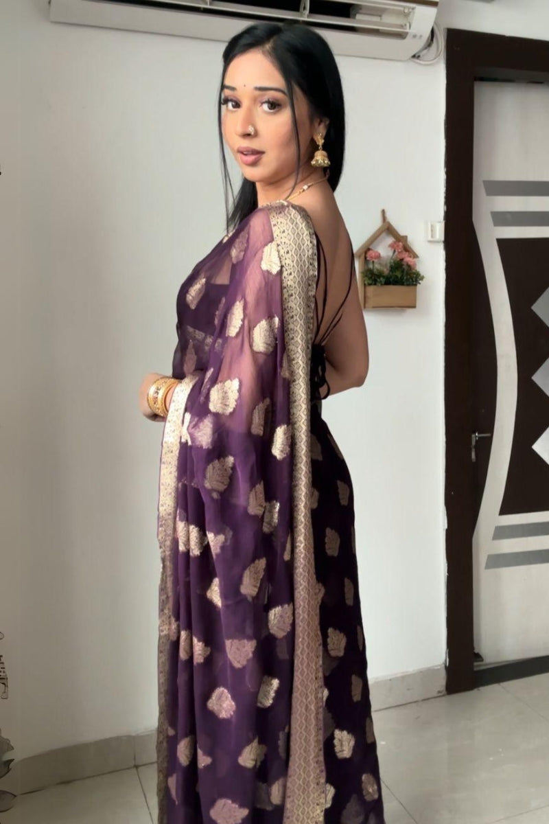 Cynosure 1-Minute Ready To Wear Dark Purple Soft Silk Saree