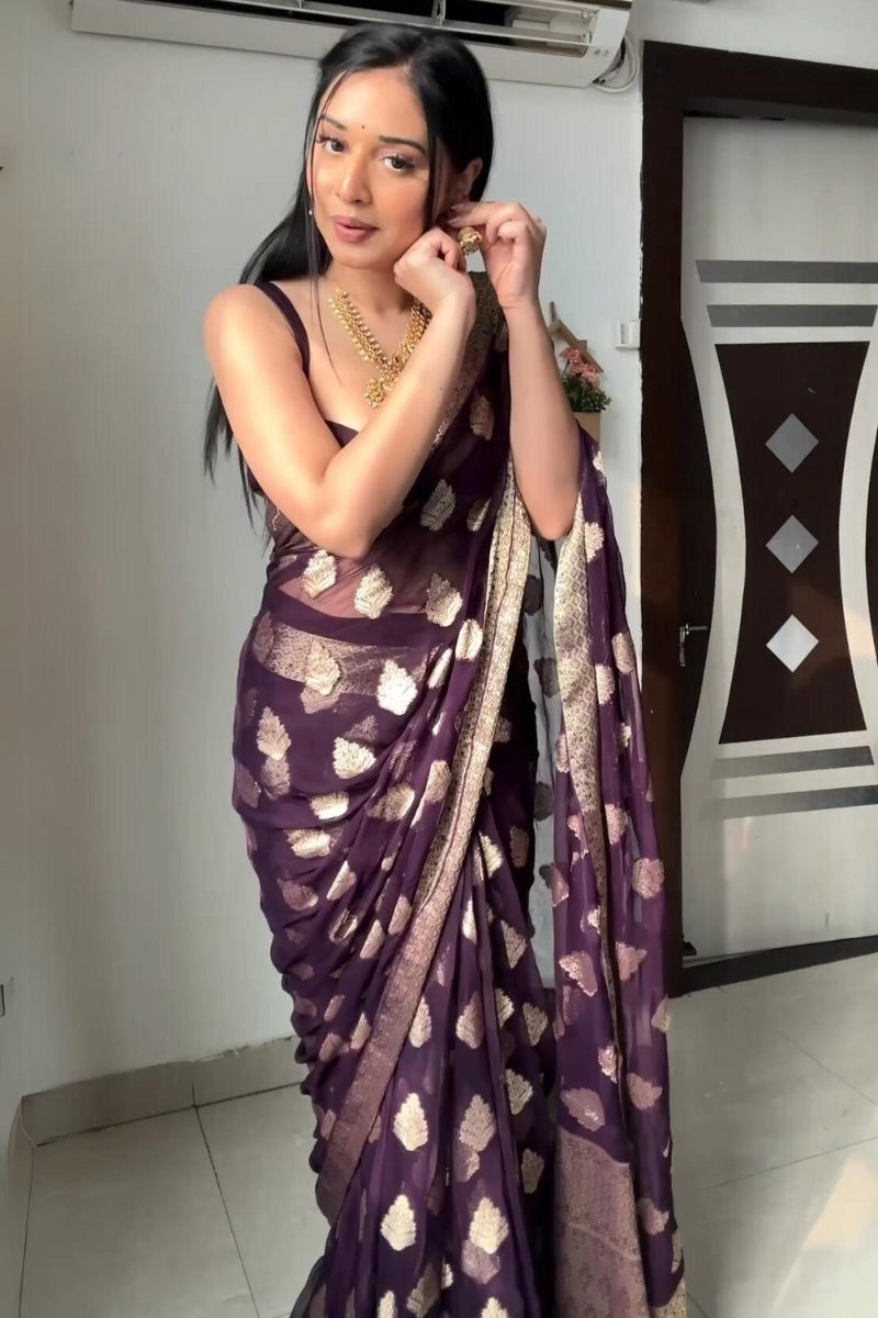 Cynosure 1-Minute Ready To Wear Dark Purple Soft Silk Saree