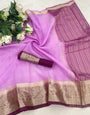 Lissome Lavender Orgenza Silk Saree With Entrancing Blouse Piece