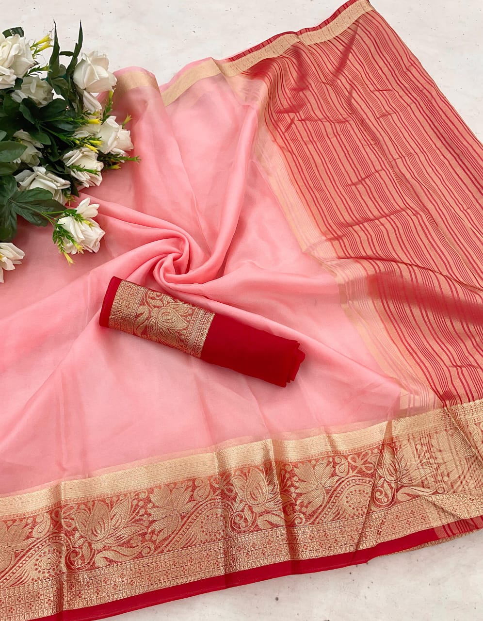 Designer Pink Orgenza Silk Saree With Fairytale Blouse Piece