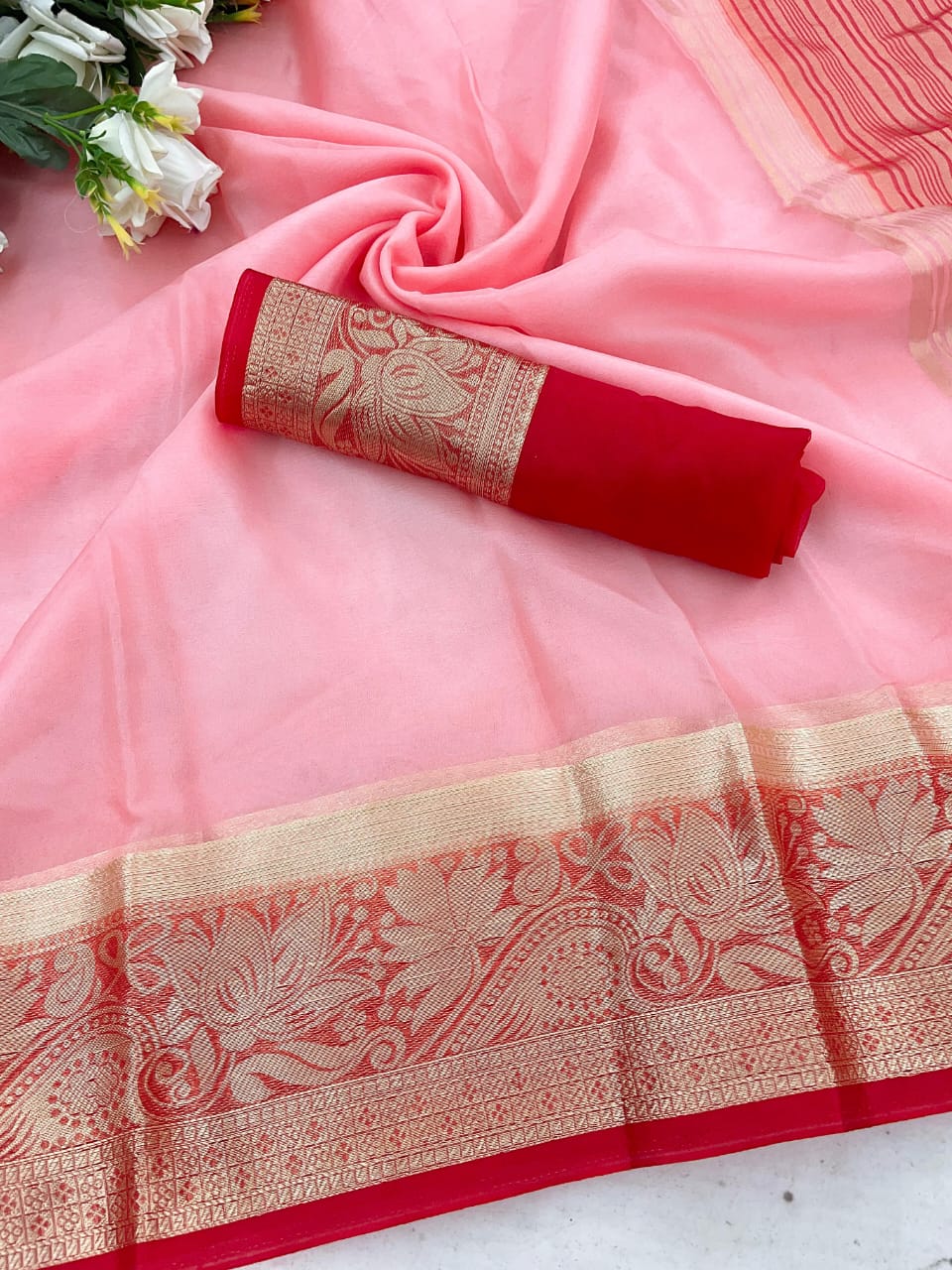 Designer Pink Orgenza Silk Saree With Fairytale Blouse Piece