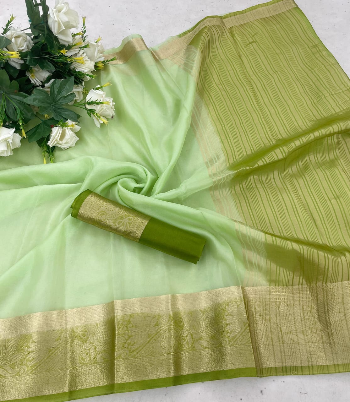 Girlish Pista Orgenza Silk Saree With Pretty Blouse Piece