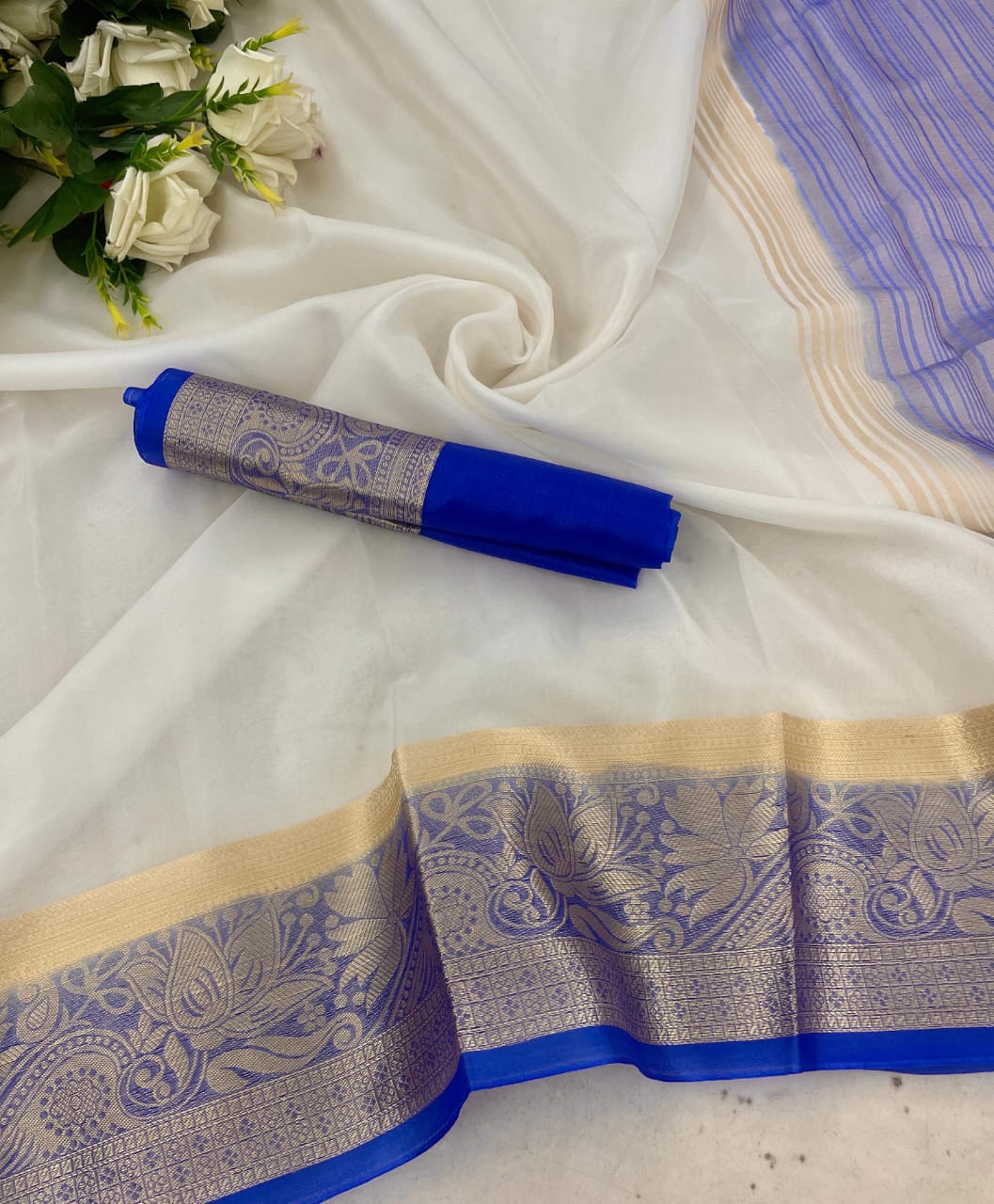 Delightful White & Blue Orgenza Silk Saree With Angelic Blouse Piece