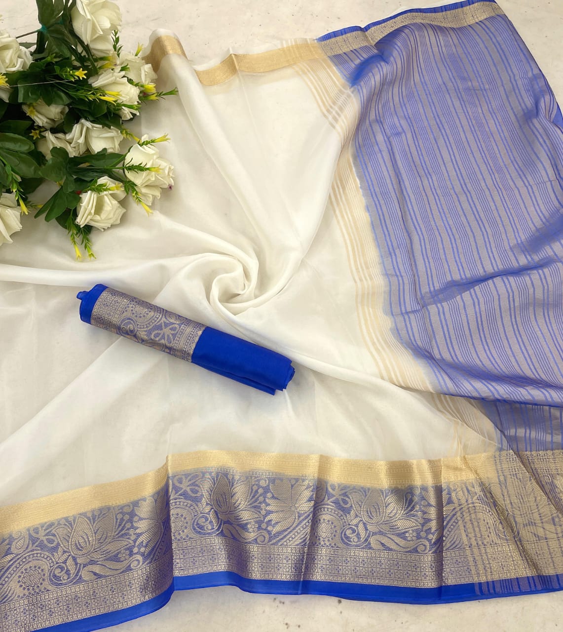 Delightful White & Blue Orgenza Silk Saree With Angelic Blouse Piece