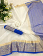 Delightful White & Blue Orgenza Silk Saree With Angelic Blouse Piece