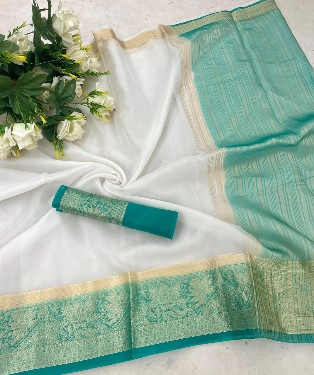 Hypnotic White & Firozi Orgenza Silk Saree With Mesmerising Blouse Piece