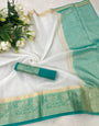 Hypnotic White & Firozi Orgenza Silk Saree With Mesmerising Blouse Piece