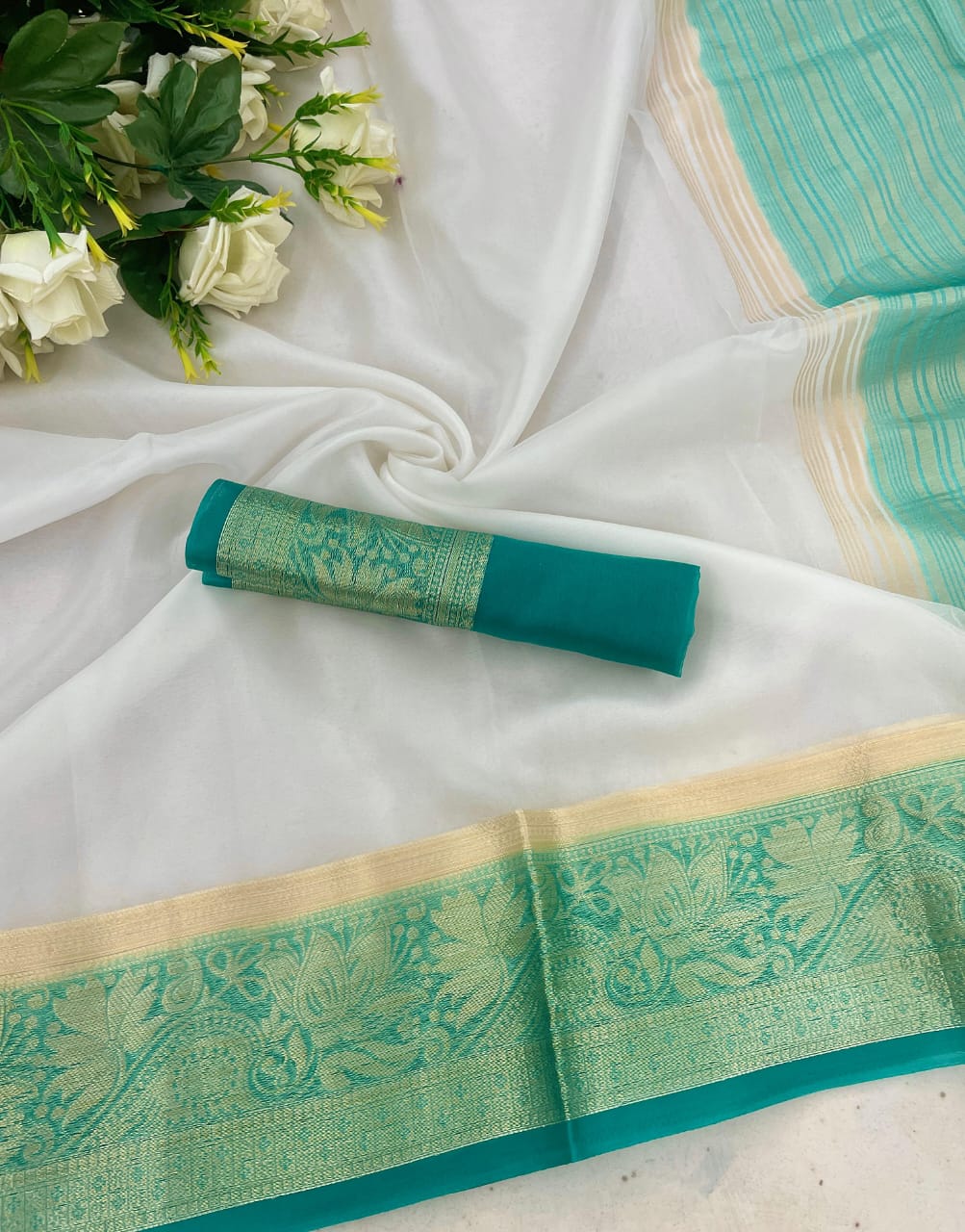 Hypnotic White & Firozi Orgenza Silk Saree With Mesmerising Blouse Piece