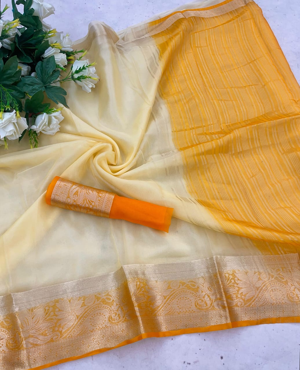 Gleaming White & Orange Orgenza Silk Saree With Quintessential Blouse Piece