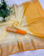 Gleaming White & Orange Orgenza Silk Saree With Quintessential Blouse Piece