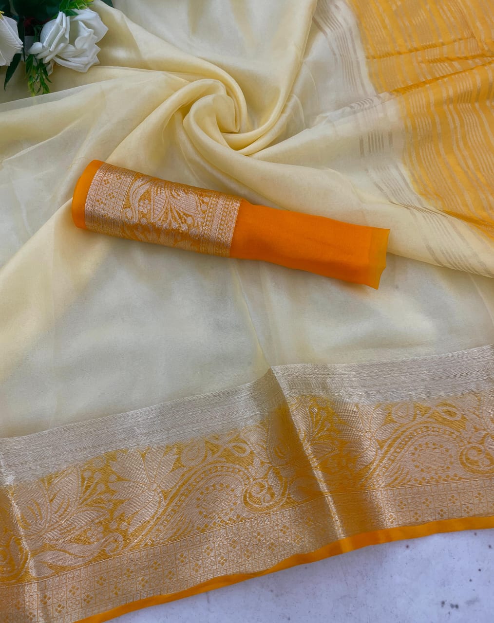 Gleaming White & Orange Orgenza Silk Saree With Quintessential Blouse Piece