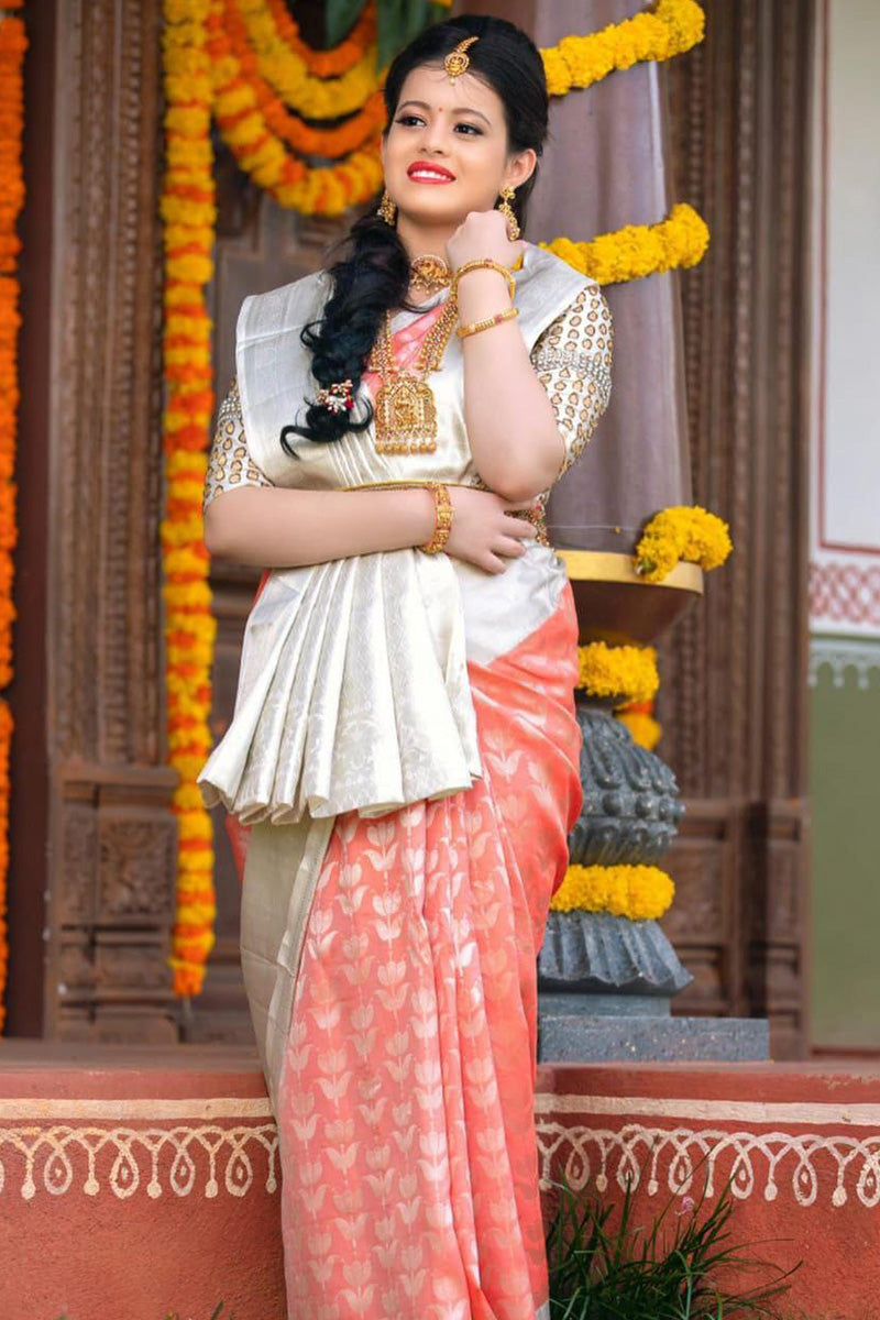 Staring Peach Soft Silk Saree With Comely Blouse Piece