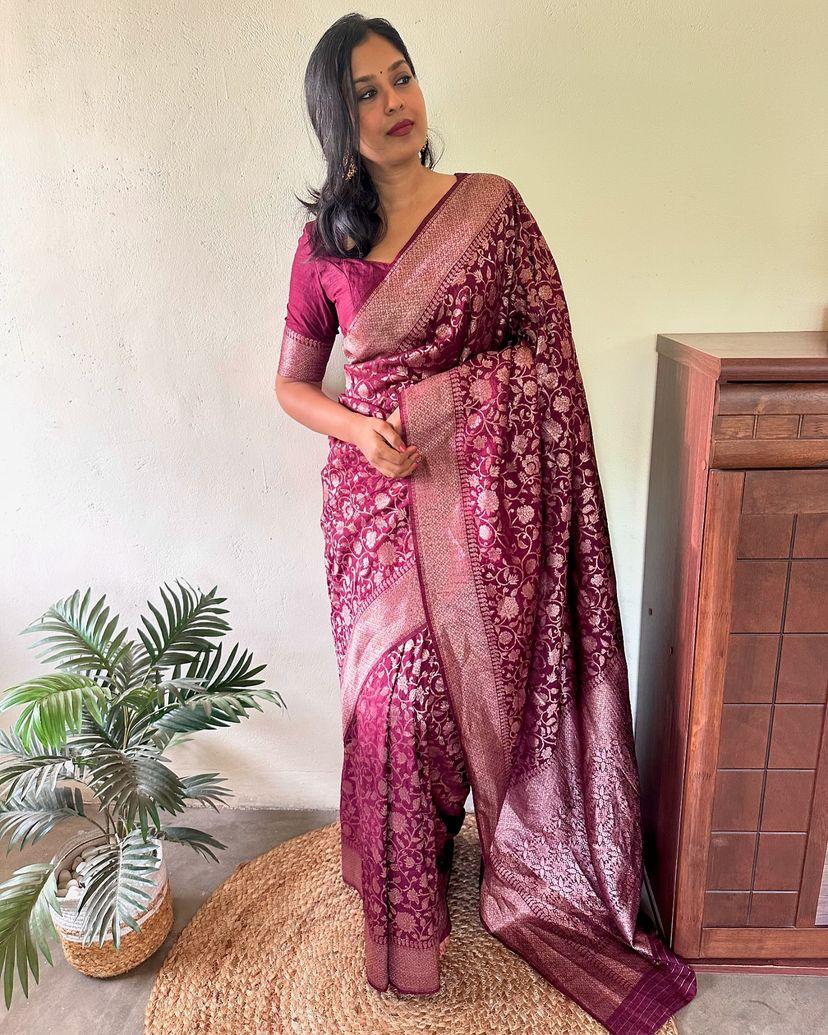 Denouement Purple Soft Silk Saree With Brood Blouse Piece