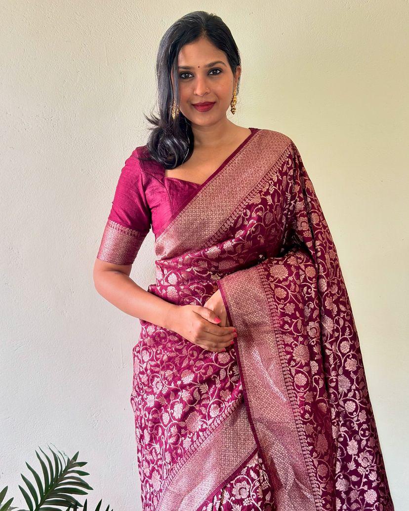 Denouement Purple Soft Silk Saree With Brood Blouse Piece
