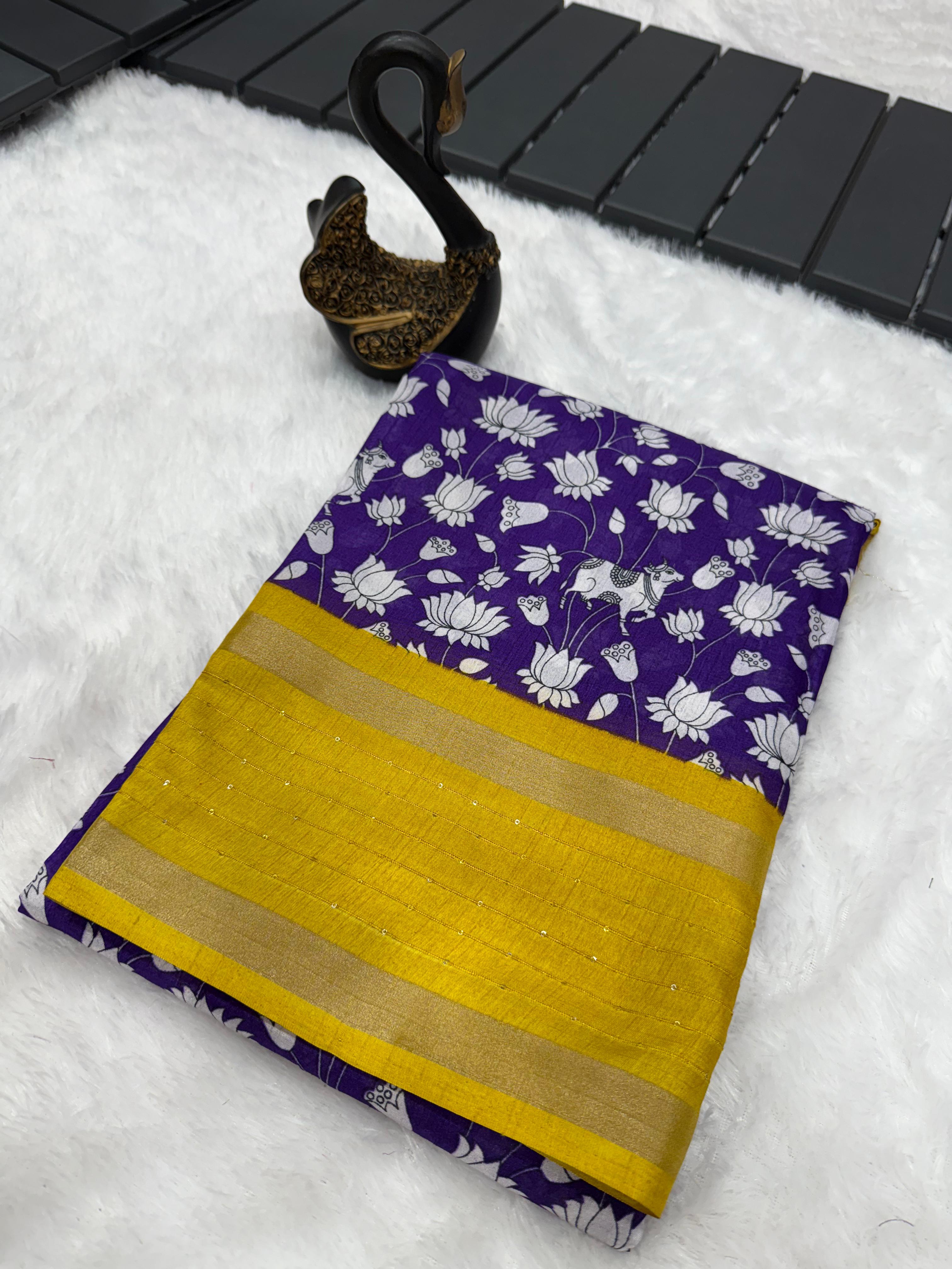 Phenomenal Royal Blue Digital Printed Dola Silk Saree With Captivating Blouse Piece