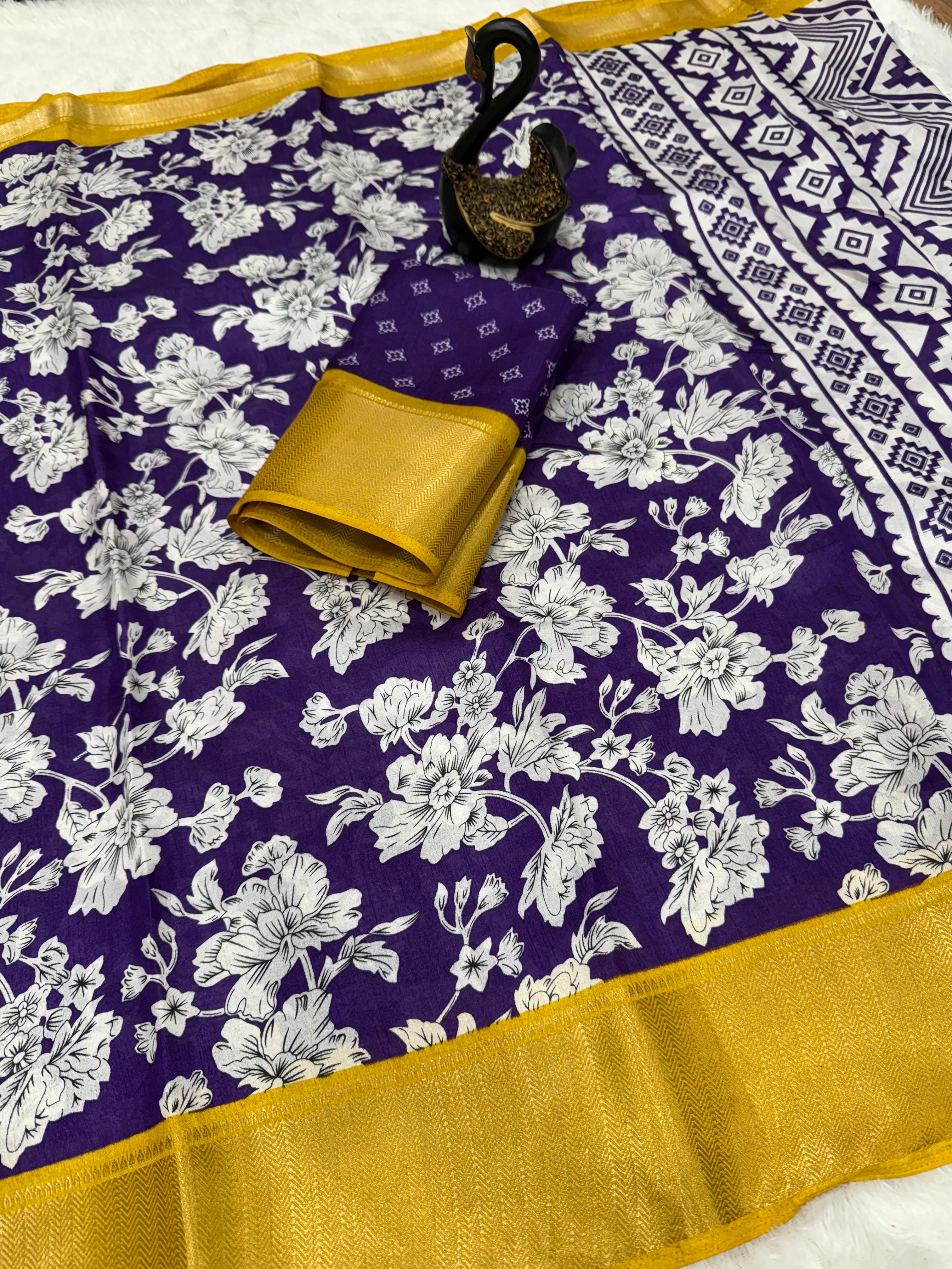 Preferable Royal Blue Digital Printed Dola Silk Saree With Bewitching Blouse Piece