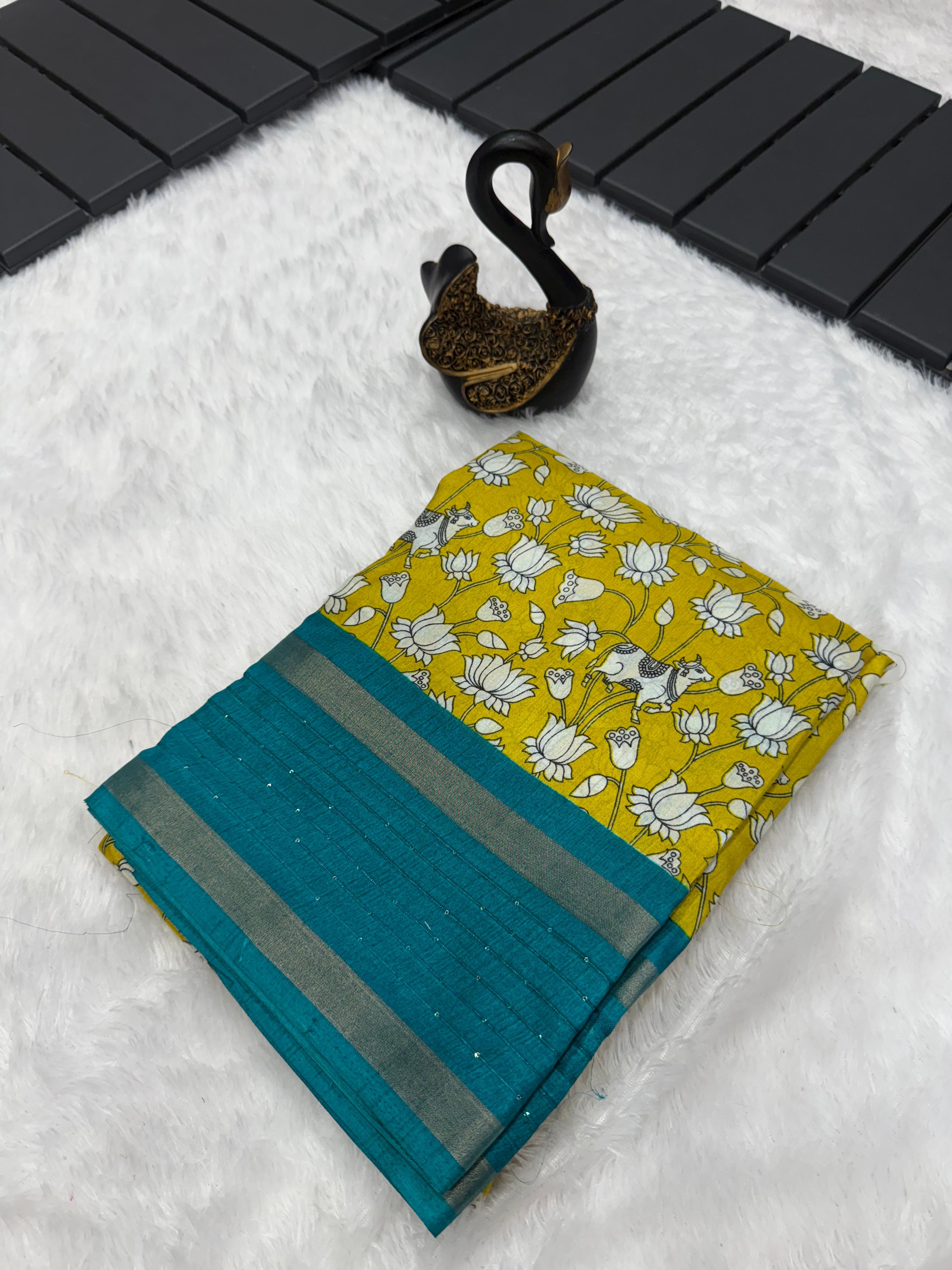 Propinquity Mustard Digital Printed Dola Silk Saree With Bucolic Blouse Piece