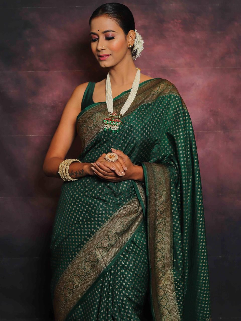 Glorious Dark Green Soft Silk Saree With Glowing Blouse Piece