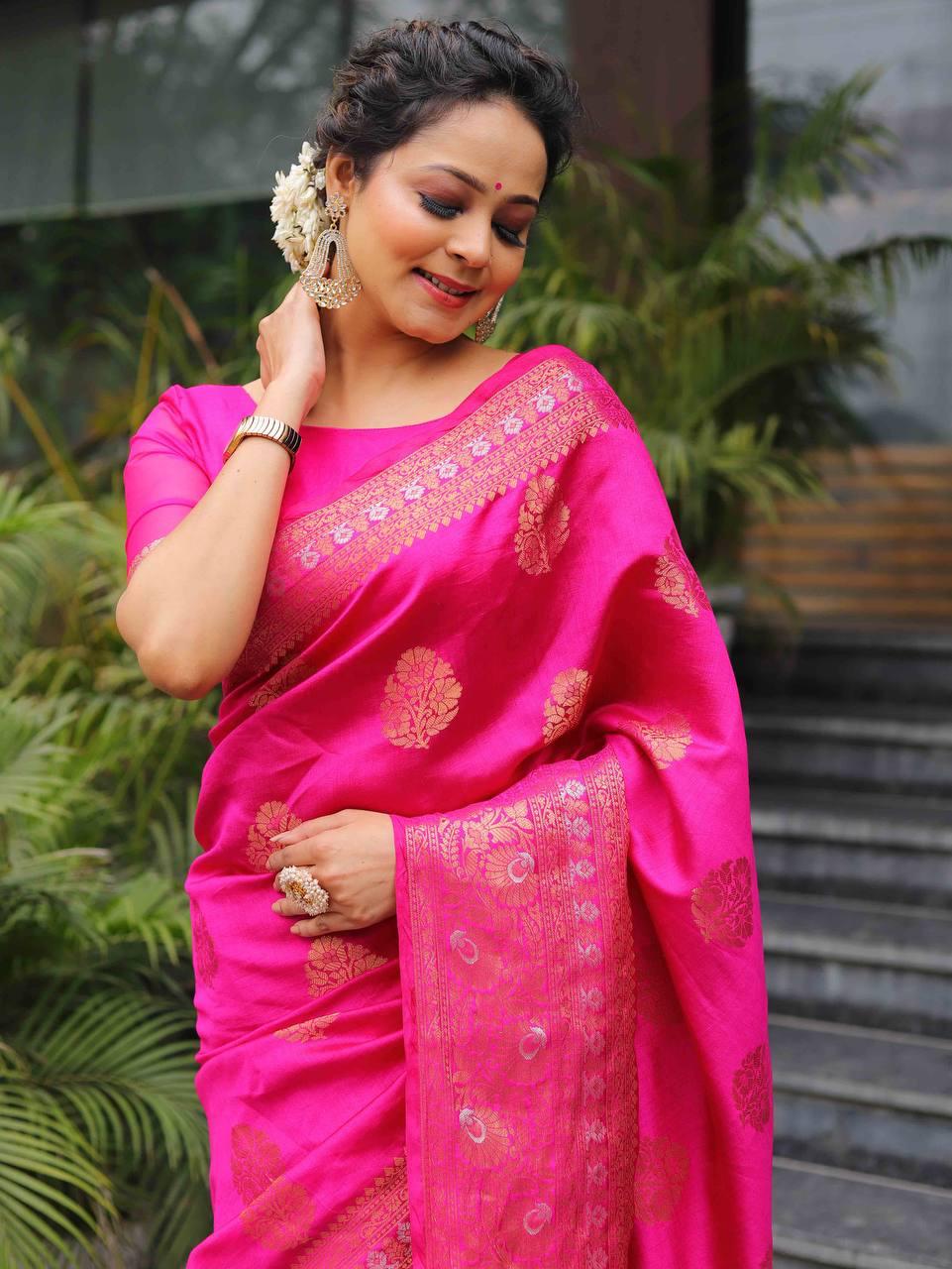 Flaunt Dark Pink Soft Silk Saree With Jubilant Blouse Piece