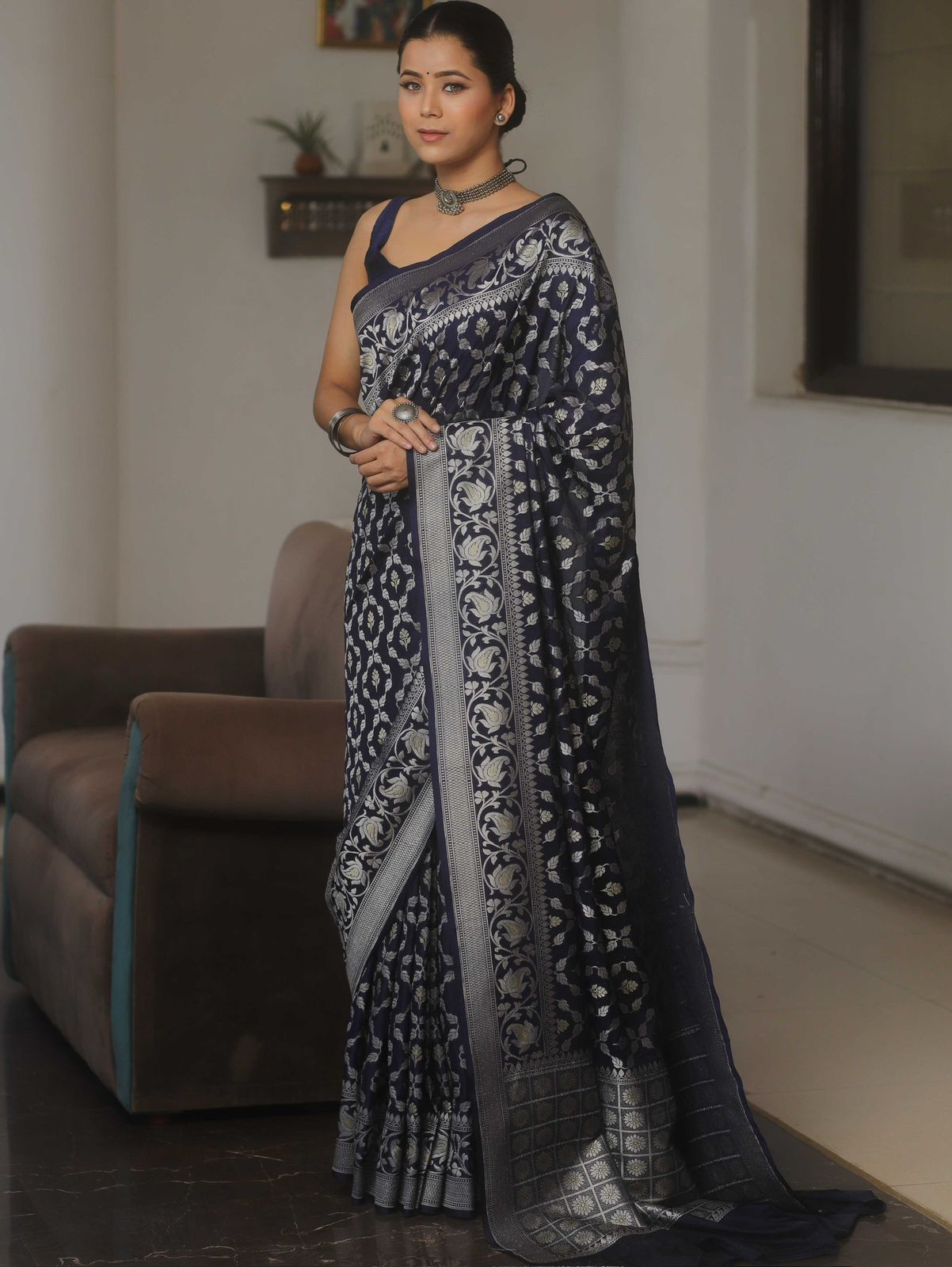 Tempting Navy Blue Soft Silk Saree With Epiphany Blouse Piece