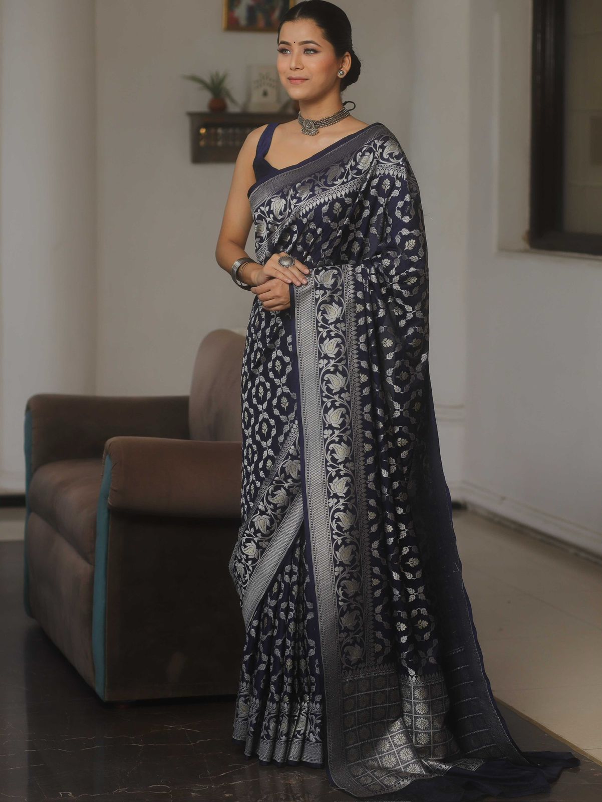 Tempting Navy Blue Soft Silk Saree With Epiphany Blouse Piece