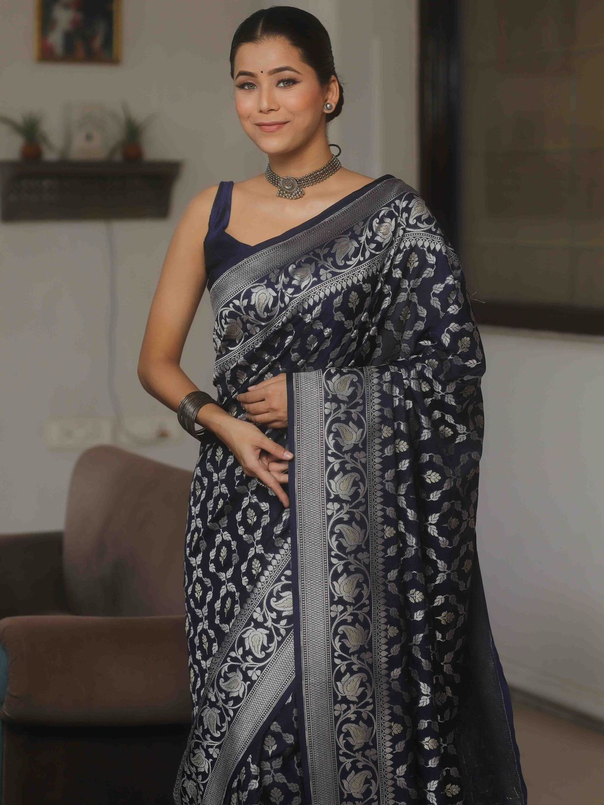 Tempting Navy Blue Soft Silk Saree With Epiphany Blouse Piece