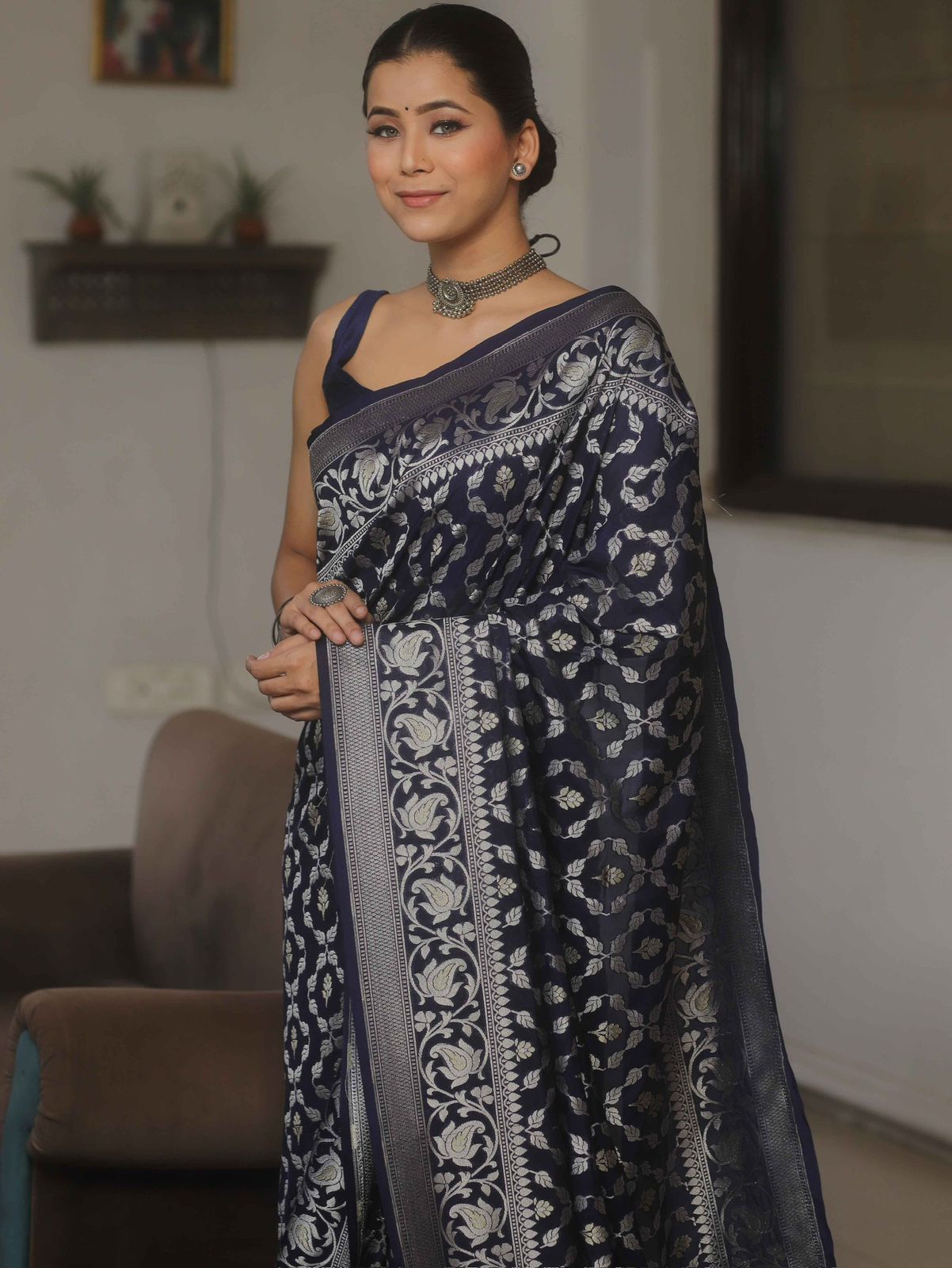 Tempting Navy Blue Soft Silk Saree With Epiphany Blouse Piece
