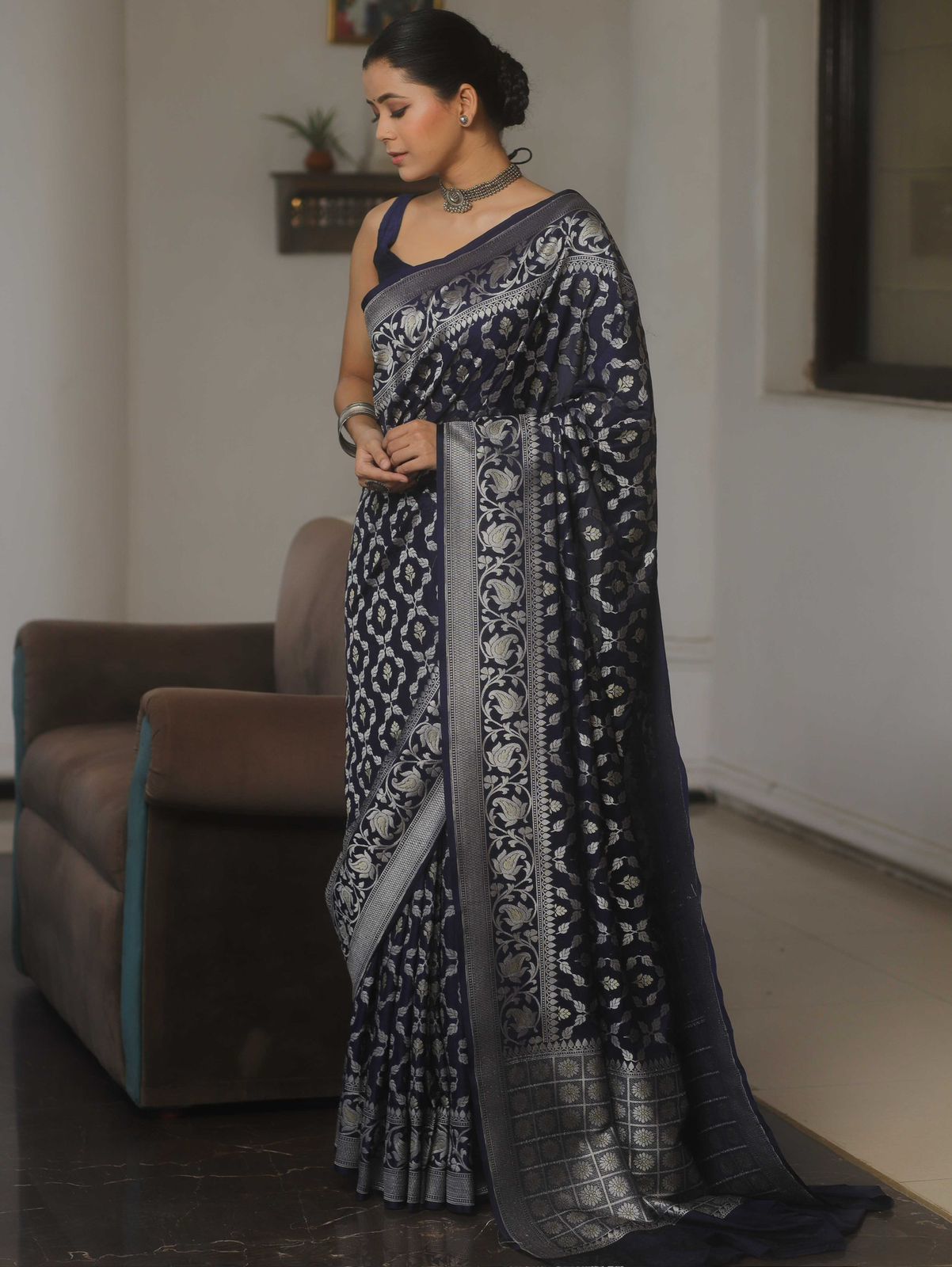 Tempting Navy Blue Soft Silk Saree With Epiphany Blouse Piece