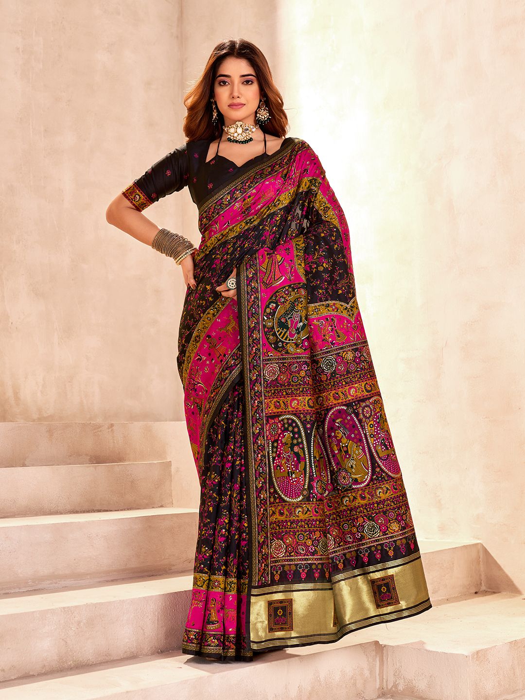 Glorious Black Nylon Dola Pashmina Saree With Cynosure Blouse Piece