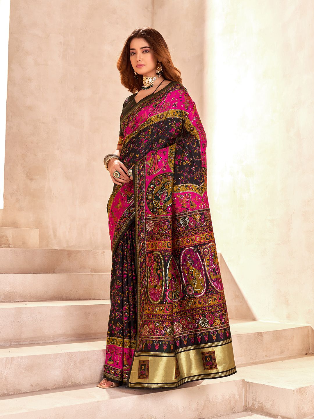 Glorious Black Nylon Dola Pashmina Saree With Cynosure Blouse Piece