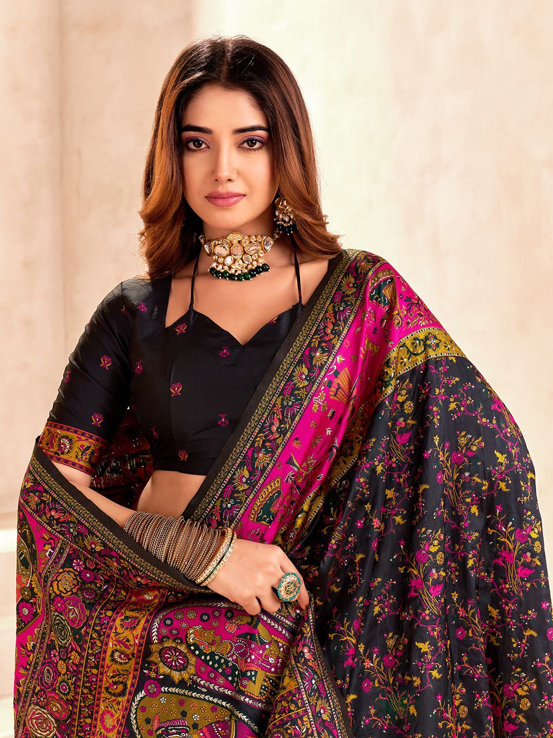 Glorious Black Nylon Dola Pashmina Saree With Cynosure Blouse Piece
