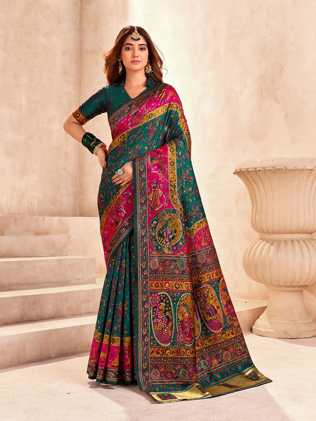 Improbable Dark Green Nylon Dola Pashmina Saree With Exemplary Blouse Piece