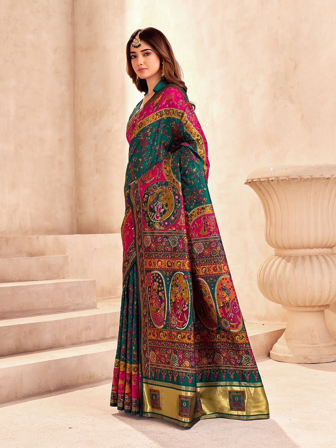 Improbable Dark Green Nylon Dola Pashmina Saree With Exemplary Blouse Piece