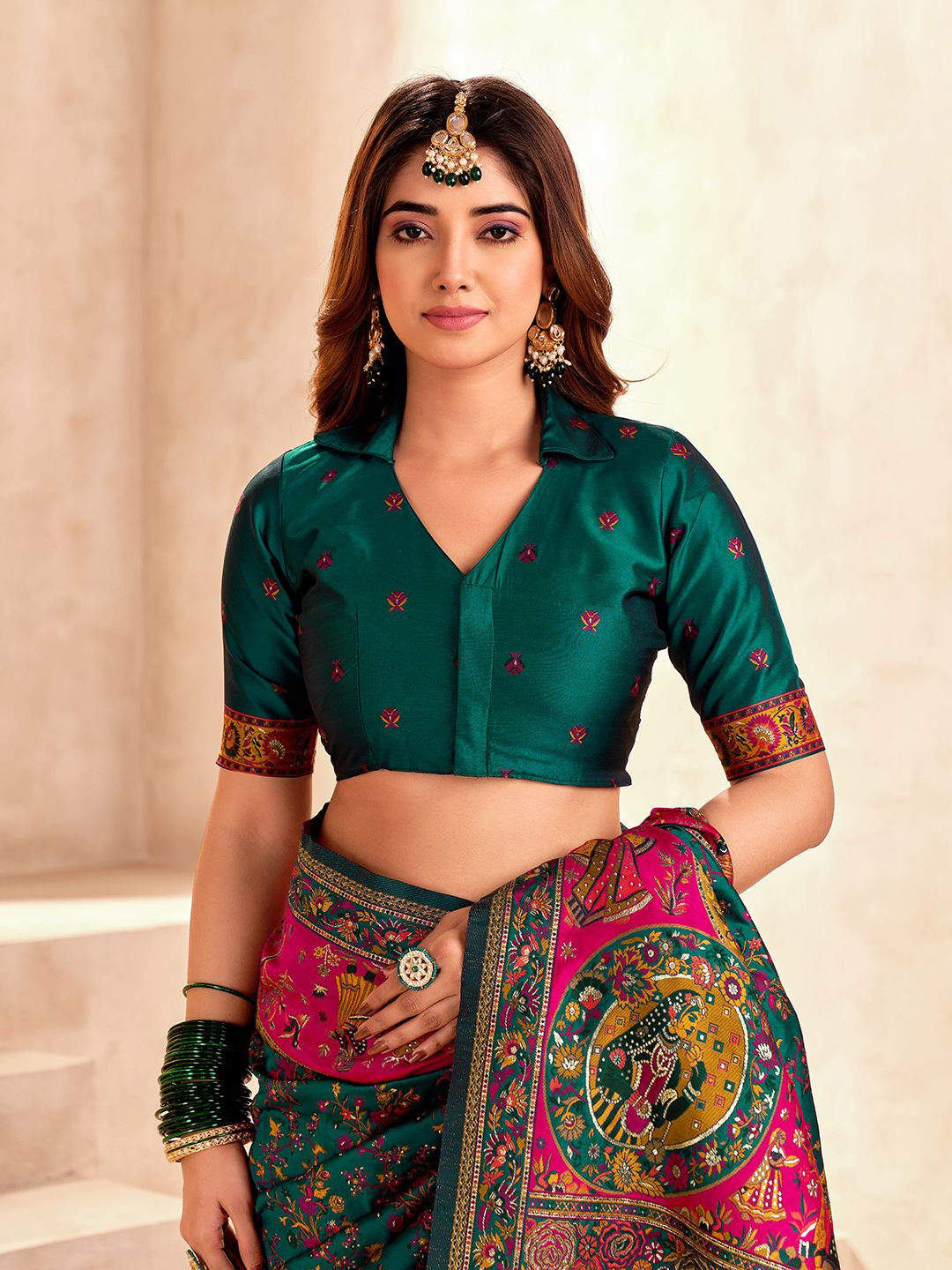 Improbable Dark Green Nylon Dola Pashmina Saree With Exemplary Blouse Piece