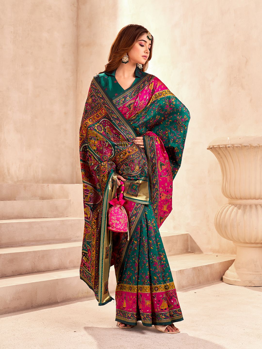 Improbable Dark Green Nylon Dola Pashmina Saree With Exemplary Blouse Piece