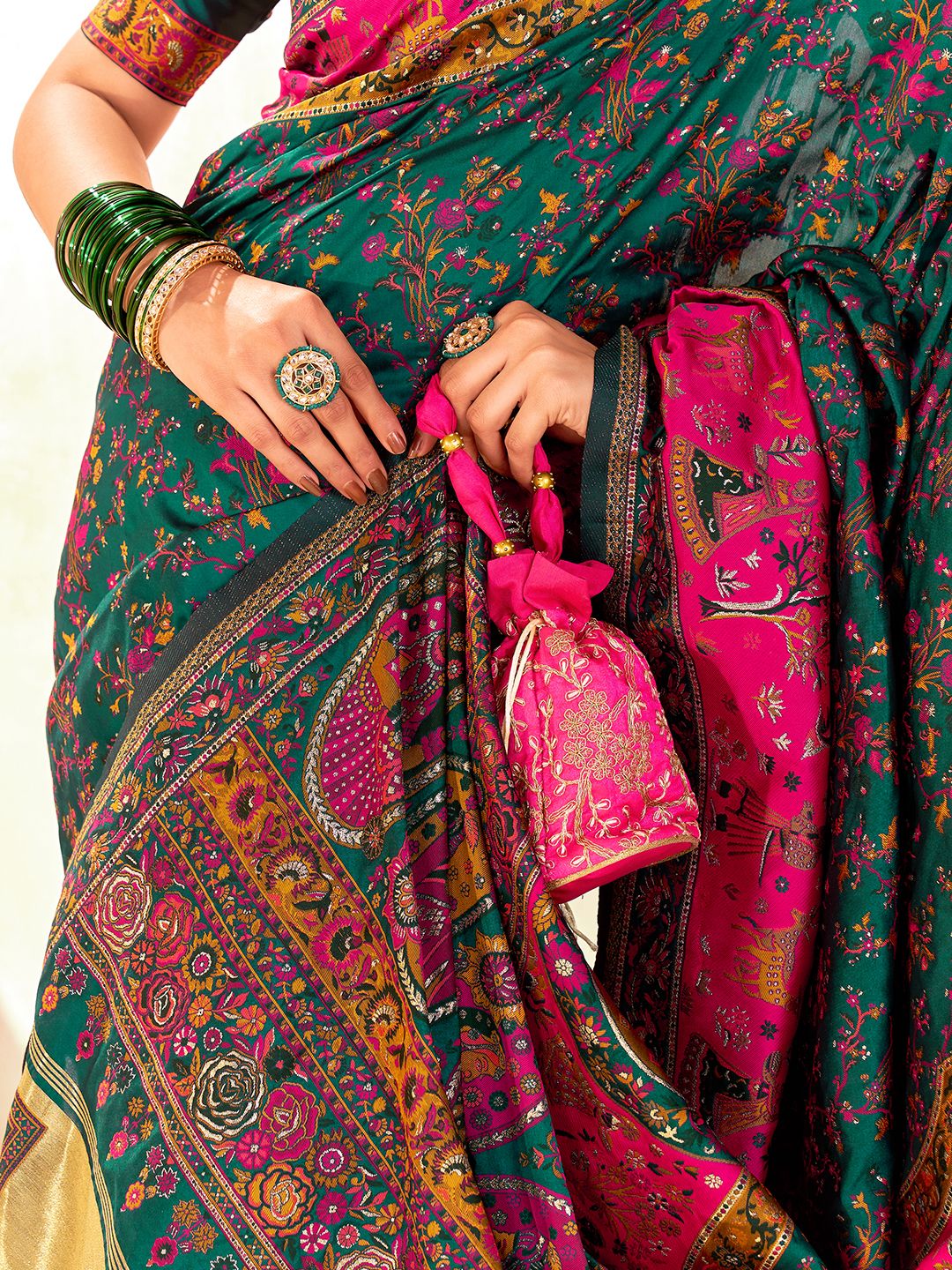 Improbable Dark Green Nylon Dola Pashmina Saree With Exemplary Blouse Piece