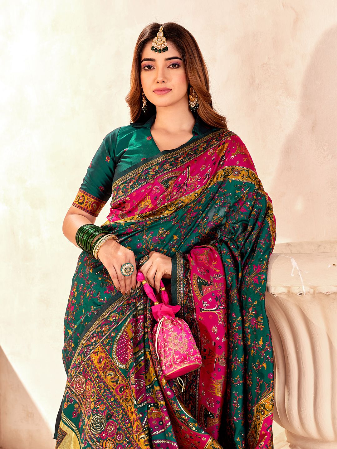 Improbable Dark Green Nylon Dola Pashmina Saree With Exemplary Blouse Piece