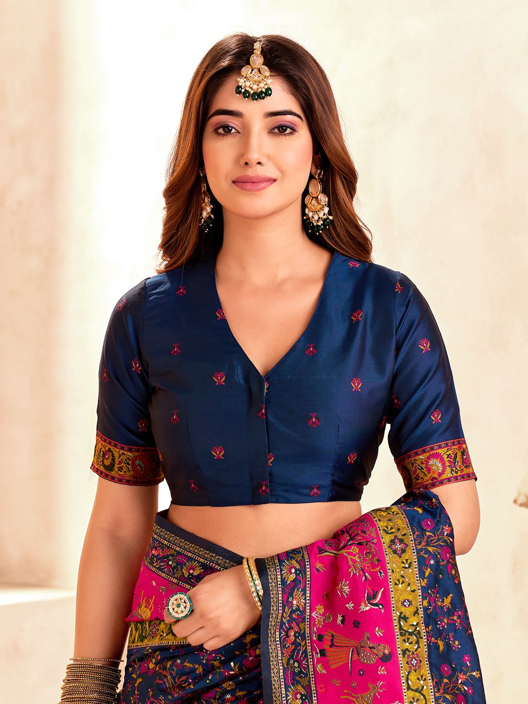 Embellished Navy Blue Nylon Dola Pashmina Saree With Verdant Blouse Piece