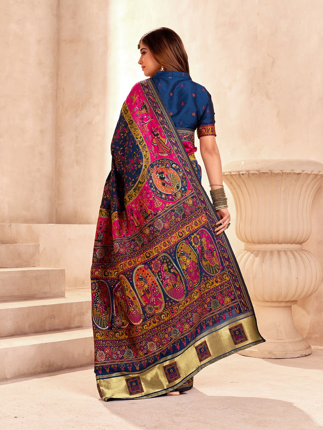 Embellished Navy Blue Nylon Dola Pashmina Saree With Verdant Blouse Piece