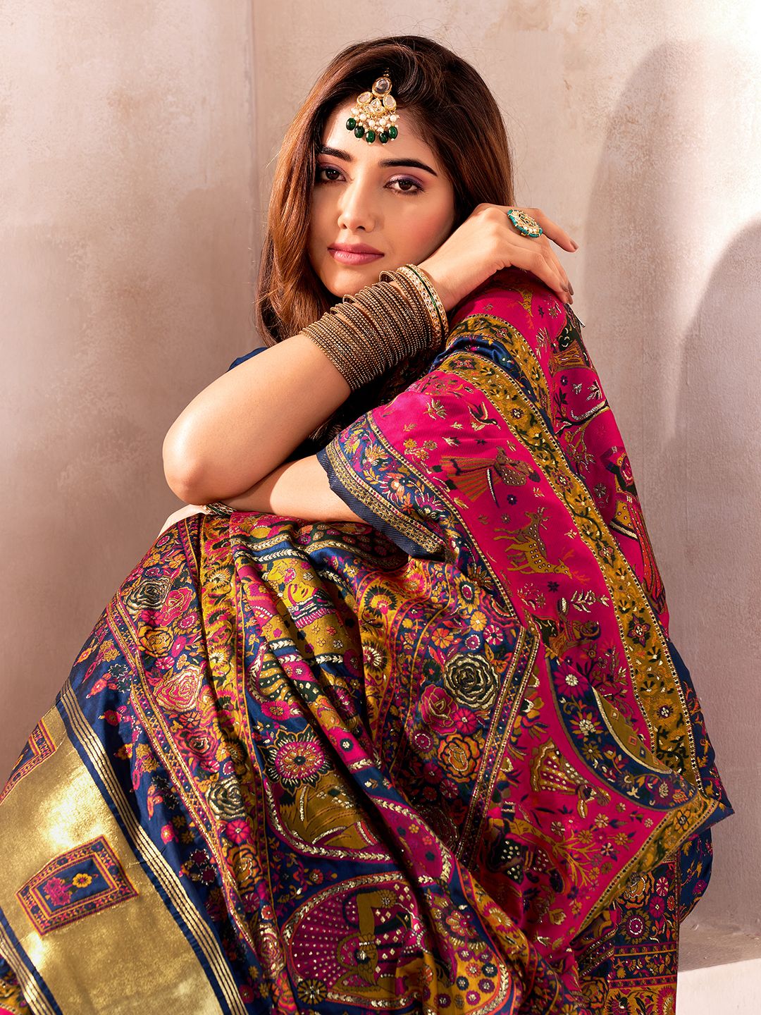 Embellished Navy Blue Nylon Dola Pashmina Saree With Verdant Blouse Piece