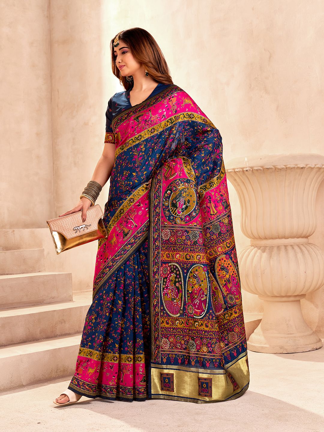 Embellished Navy Blue Nylon Dola Pashmina Saree With Verdant Blouse Piece