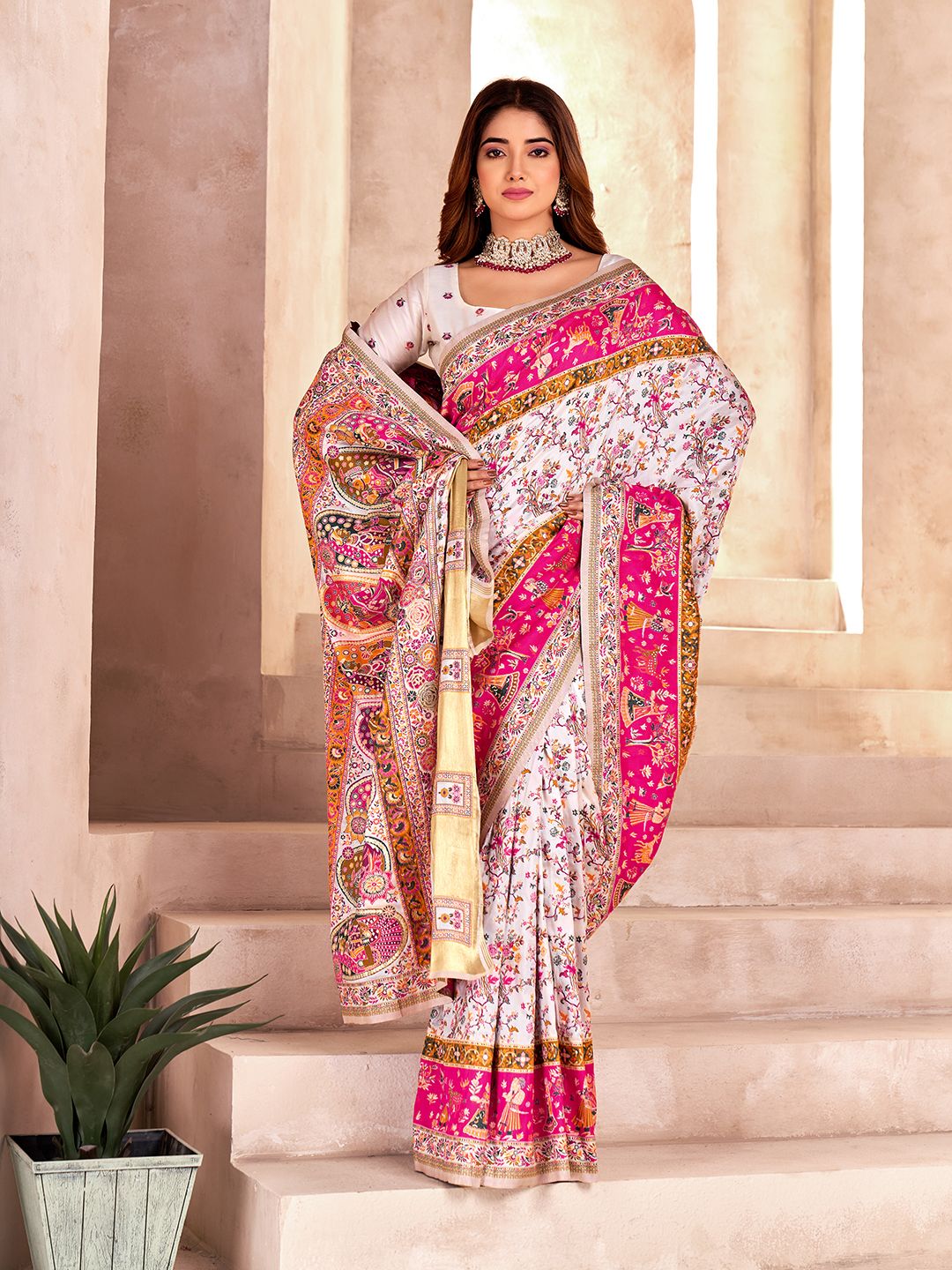 Smart Off White Nylon Dola Pashmina Saree With Prettiest Blouse Piece