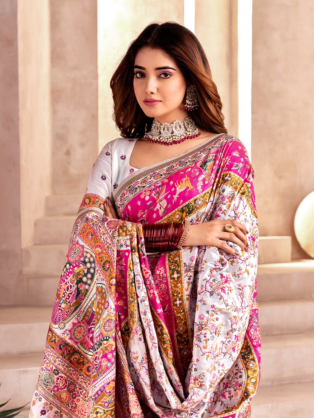 Smart Off White Nylon Dola Pashmina Saree With Prettiest Blouse Piece